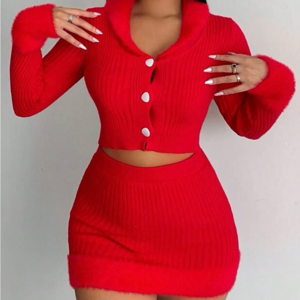 Red 2 piece skirt set with fur trim